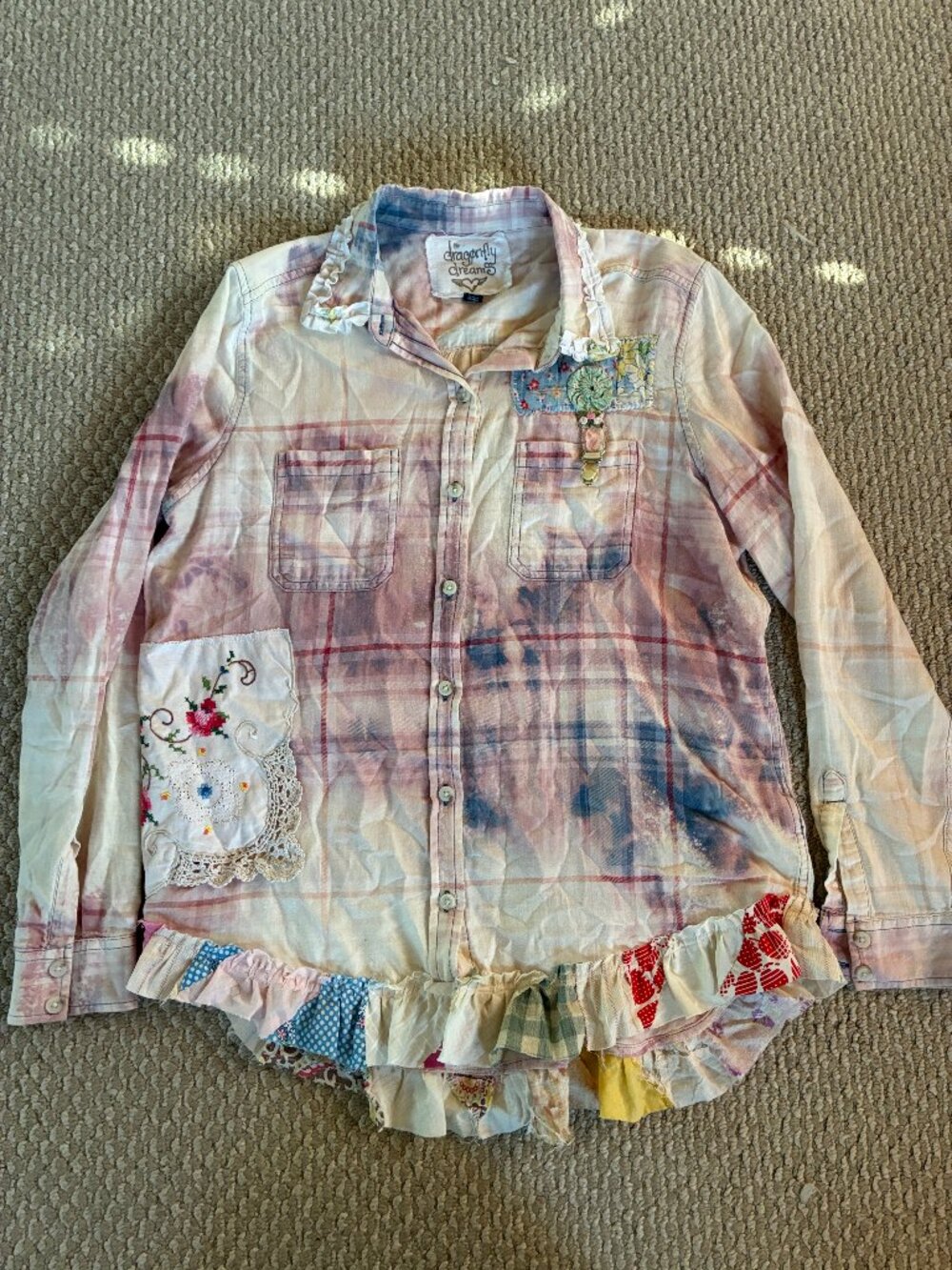 DragonFly Dreams Small Cotton Upcycled Button Up Shirt Women's Embriodered